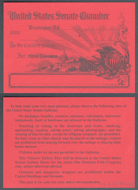 Gallery Pass, Visitor's Gallery, United States Senate Chamber, 105th Congress (Acc. No. 16.00049.001)
