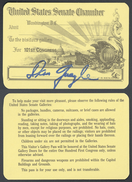 Gallery Pass, Visitor's Gallery, United States Senate Chamber, 101st Congress (Acc. No. 16.00055.001)