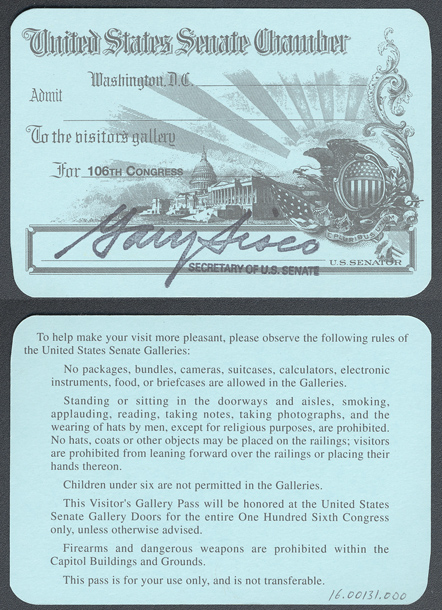 Gallery Pass, Visitor's Gallery, United States Senate Chamber, 106th Congress (Acc. No. 16.00131.000)