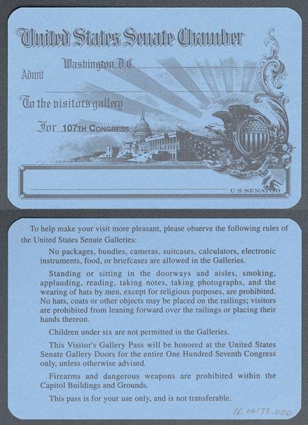 Gallery Pass, Visitor's Gallery, United States Senate Chamber, 107th Congress (Acc. No. 16.00133.000)