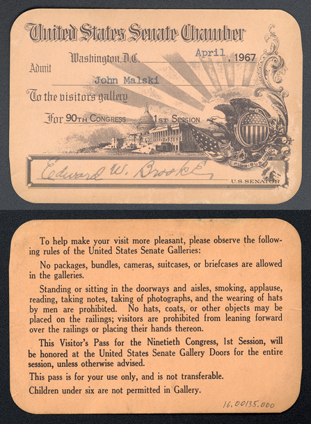 Gallery Pass, Visitor's Gallery, United States Senate Chamber, 90th Congress (Acc. No. 16.00135.000)