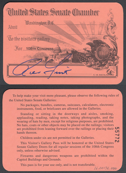 Gallery Pass, Visitor's Gallery, United States Senate Chamber, 108th Congress (Acc. No. 16.00136.000)