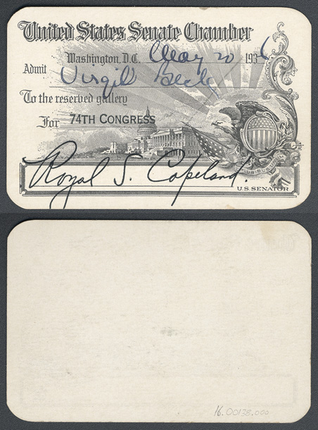 Gallery Pass, Reserved Gallery, United States Senate Chamber, 74th Congress (Acc. No. 16.00138.000)
