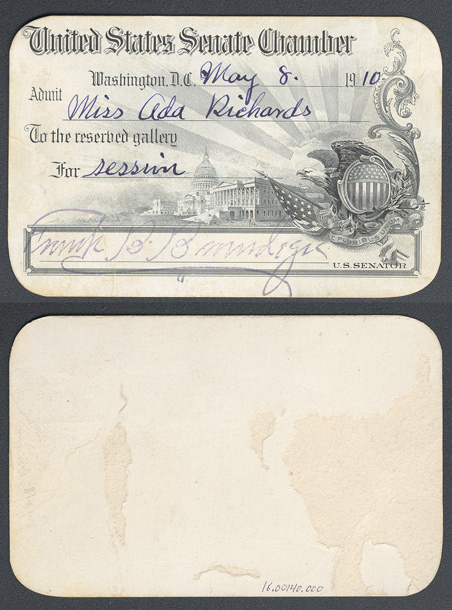 Gallery Pass, Reserved Gallery, United States Senate Chamber, 61st Congress (Acc. No. 16.00140.000)