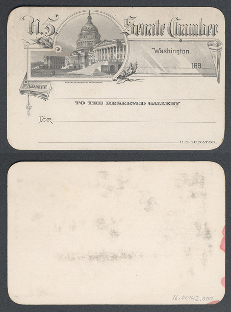 Gallery Pass, Reserved Gallery, United States Senate Chamber, 51st Congress (Acc. No. 16.00142.000)