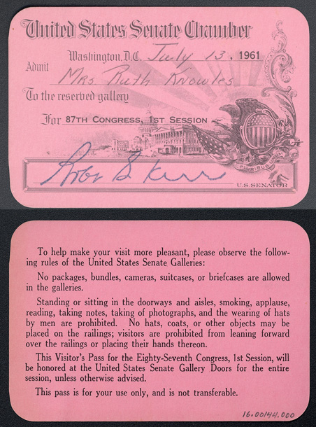 Gallery Pass, Reserved Gallery, United States Senate Chamber, 87th Congress (Acc. No. 16.00144.000)