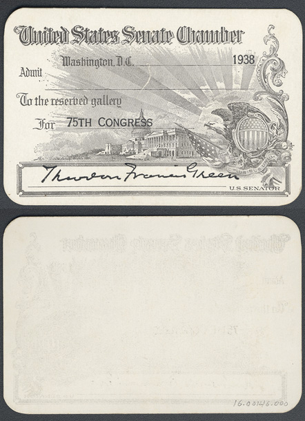 Gallery Pass, Reserved Gallery, United States Senate Chamber, 75th Congress (Acc. No. 16.00146.000)