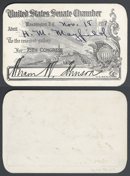 Gallery Pass, Reserved Gallery, United States Senate Chamber, 75th Congress  (Acc. No. 16.00153.000)