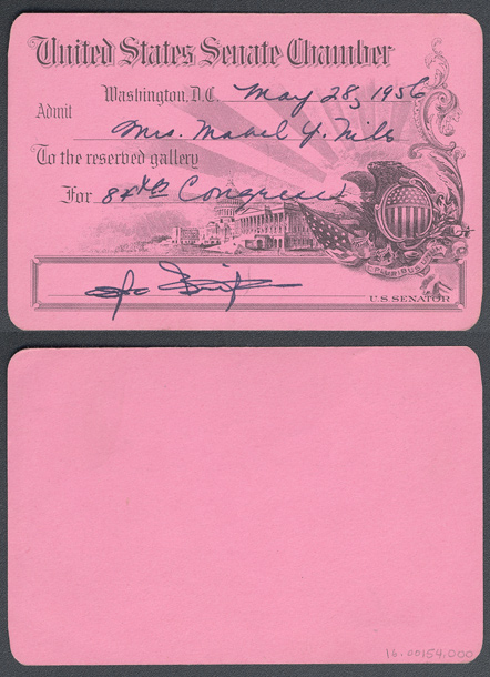 Gallery Pass, Reserved Gallery, United States Senate Chamber, 84th Congress (Acc. No. 16.00154.000)