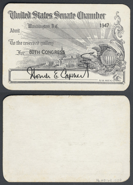 Gallery Pass, Reserved Gallery, United States Senate Chamber, 80th Congress (Acc. No. 16.00162.000)