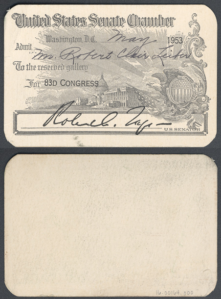 Gallery Pass, Reserved Gallery, United States Senate Chamber, 83rd Congress (Acc. No. 16.00164.000)