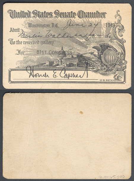 Gallery Pass, Reserved Gallery, United States Senate Chamber, 81st Congress (Acc. No. 16.00165.000)