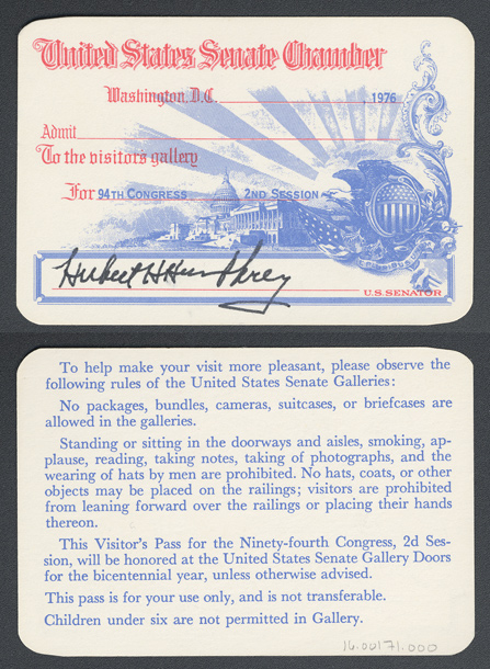Gallery Pass, Visitor's Gallery, United States Senate Chamber, 94th Congress (Acc. No. 16.00171.000)