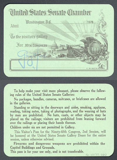 Gallery Pass, Visitor's Gallery, United States Senate Chamber, 95th Congress (Acc. No. 16.00172.000)
