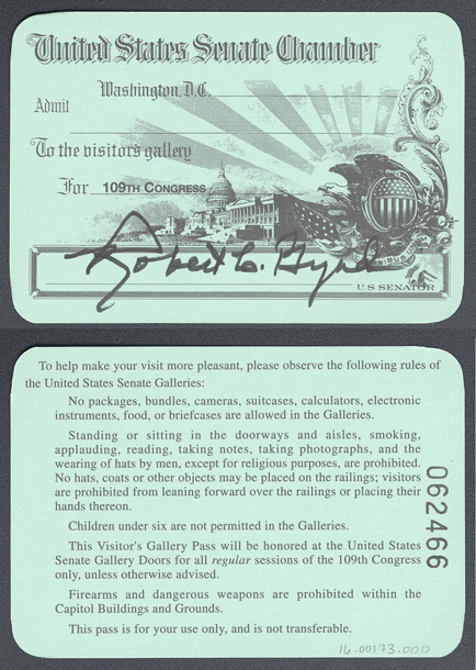 Gallery Pass, Visitor's Gallery, United States Senate Chamber, 109th Congress (Acc. No. 16.00173.000)