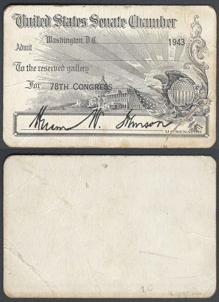 Gallery Pass, Reserved Gallery, United States Senate Chamber, 78th Congress (Acc. No. 16.00185.000)