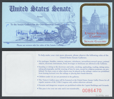 Gallery Pass, Visitor's Gallery, United States Senate Chamber, 110th Congress (Acc. No. 16.00186.000)