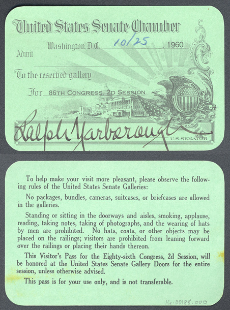 Gallery Pass, Reserved Gallery, United States Senate Chamber, 86th Congress (Acc. No. 16.00188.000)
