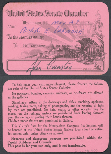 Gallery Pass, Visitor's Gallery, United States Senate Chamber, 96th Congress (Acc. No. 16.00192.000)