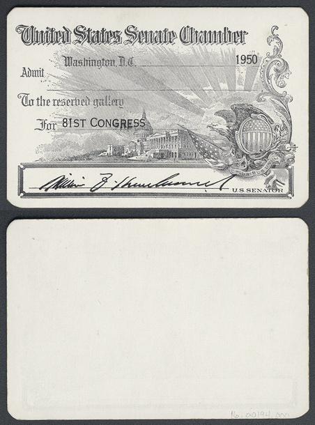 Gallery Pass, Reserved Gallery, United States Senate Chamber, 81st Congress (Acc. No. 16.00194.000)