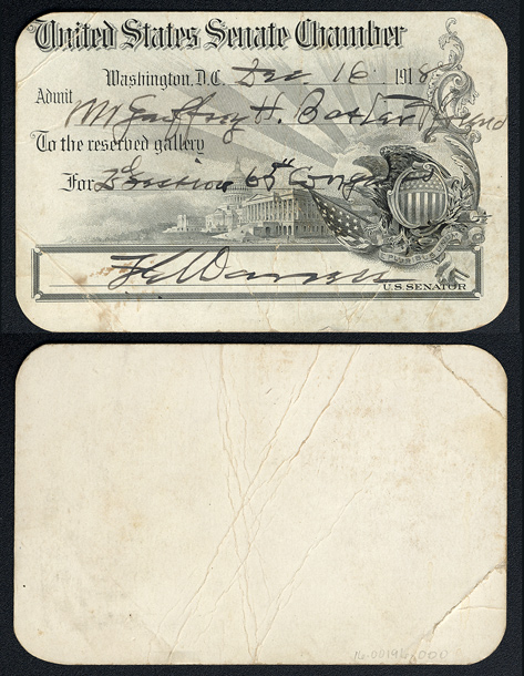 Gallery Pass, Reserved Gallery, United States Senate Chamber, 65th Congress (Acc. No. 16.00196.000)