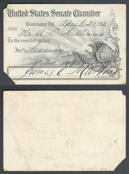 Gallery Pass, Reserved Gallery, United States Senate Chamber, 63rd Congress (Acc. No. 16.00197.000)