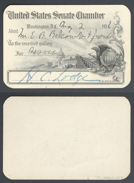 Gallery Pass, Reserved Gallery, United States Senate Chamber, 64th Congress (Acc. No. 16.00203.000)