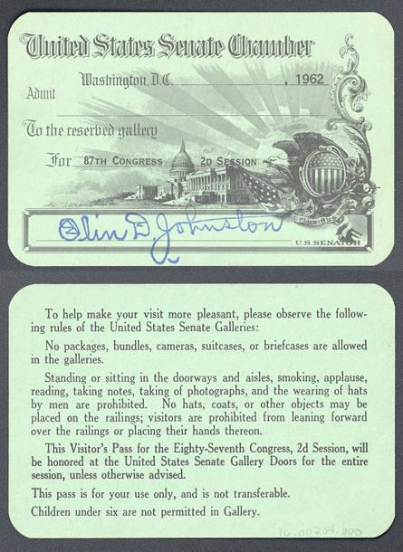 Gallery Pass, Reserved Gallery, United States Senate Chamber, 87th Congress (Acc. No. 16.00204.000)