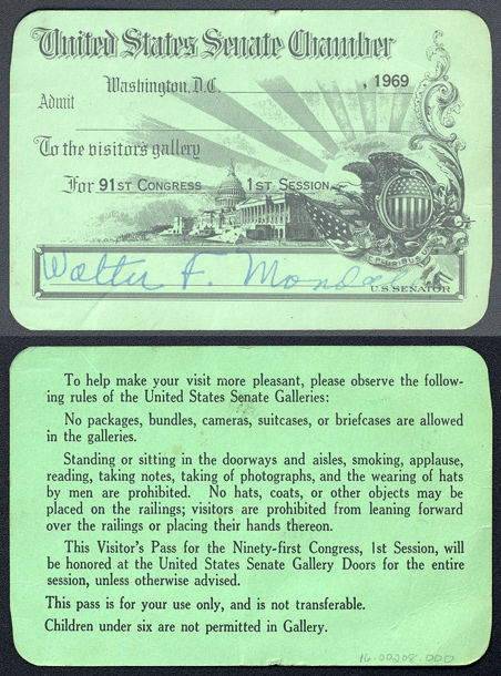 Gallery Pass, Visitor's Gallery, United States Senate Chamber, 91st Congress (Acc. No. 16.00208.000)