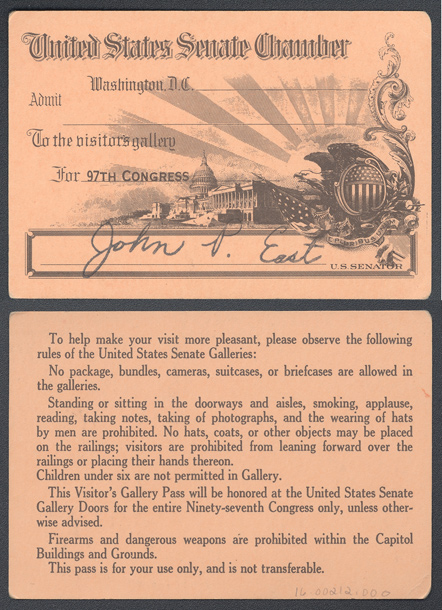 Gallery Pass, Visitor's Gallery, United States Senate Chamber, 97th Congress (Acc. No. 16.00212.000)
