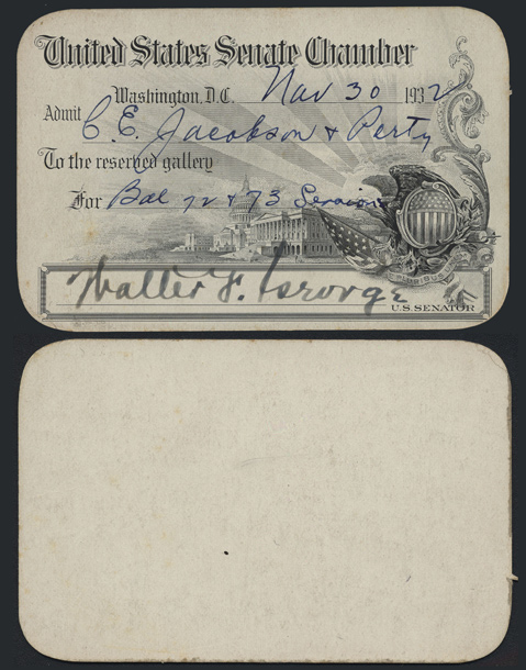 Gallery Pass, Reserved Gallery, United States Senate Chamber, 73rd Congress (Acc. No. 16.00217.000)
