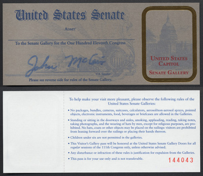 Gallery Pass, Visitor's Gallery, United States Senate Chamber, 111th Congress (Acc. No. 16.00228.000)
