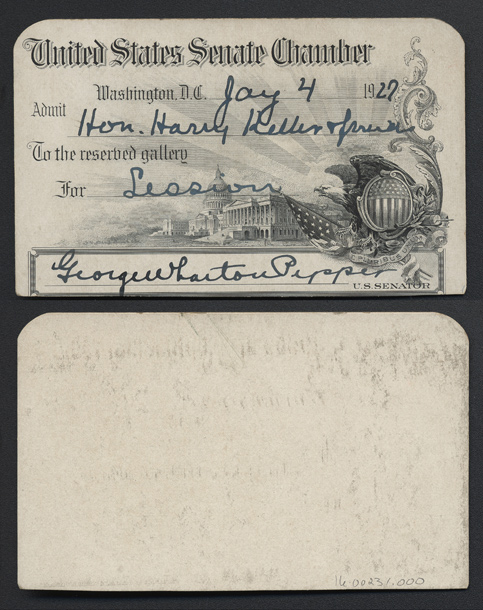 Gallery Pass, Reserved Gallery, United States Senate Chamber, 70th Congress (Acc. No. 16.00231.000)