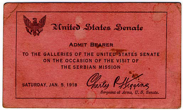 Gallery Pass, Senate Gallery, United States Senate Chamber, 65th Congress (Acc. No. 11.00011.005)