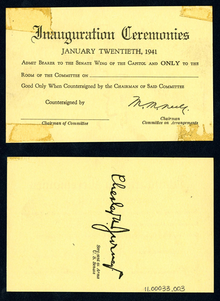Ticket, 1941 Inauguration Ceremonies  (Acc. No. 11.00033.003)