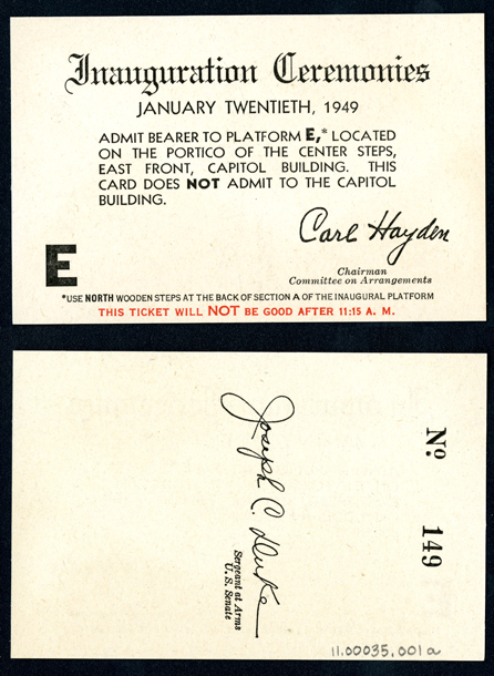 Ticket, 1949 Inauguration Ceremonies (Acc. No. 11.00035.001a)