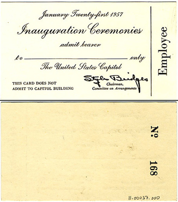 Ticket, 1957 Inauguration Ceremonies (Acc. No. 11.00037.000)
