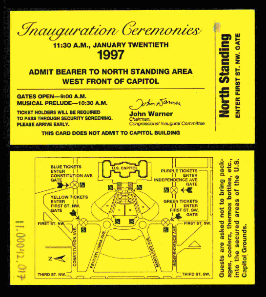 Image of the ticket for the 1997 Presidential Inauguration.