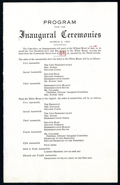 Program, 1925 Inaugural Ceremonies (Acc. No. 11.00043.003)