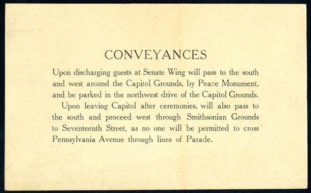 Conveyances Card, 1929 Inauguration Ceremonies (Acc. No. 11.00044.003)