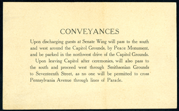 Conveyances Card, 1929 Inaugural Ceremonies (Acc. No. 11.00044.003)