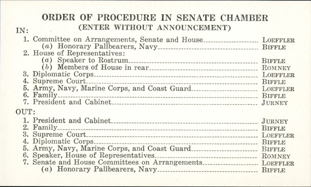 Order of Procedure (Card), 1939 Claude A. Swanson Funeral (Acc. No. 11.00046.001)