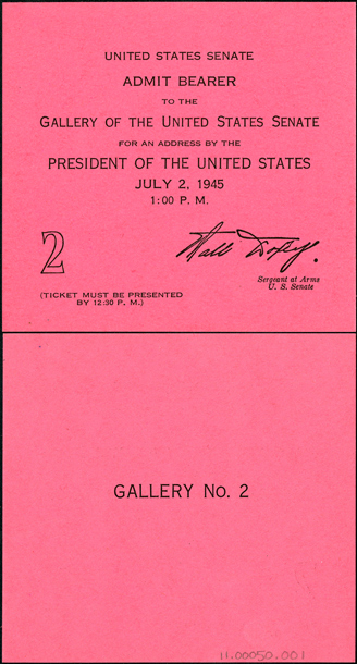 Ticket, 1945 Presidential Address, 79th Congress (Acc. No. 11.00050.001)