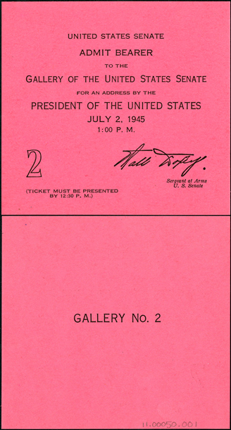 Ticket, 1945 Presidential Address, 79th Congress (Acc. No. 11.00050.001)