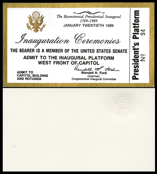Ticket, 1989 Inauguration Ceremonies (Acc. No. 11.00051.001)
