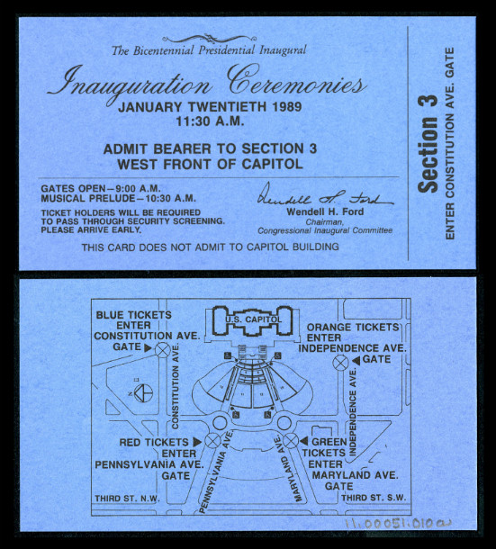 Image of the ticket for the 1989 Presidential Inauguration.