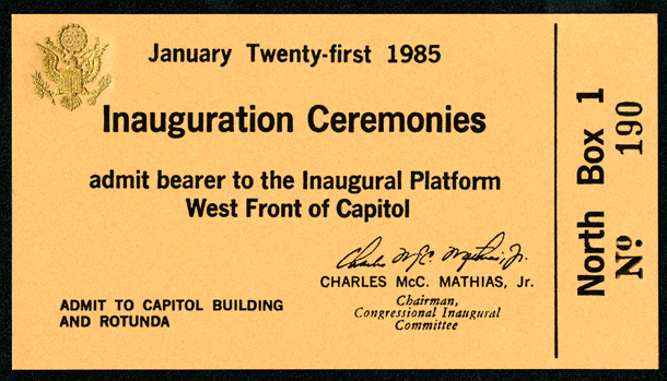 Ticket, 1985 Inauguration Ceremonies  (Acc. No. 11.00052.002)