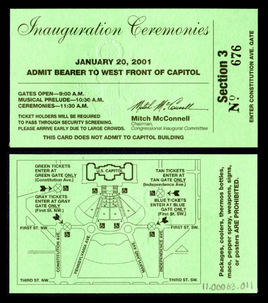 Image of the ticket for the 2001 Presidential Inauguration.