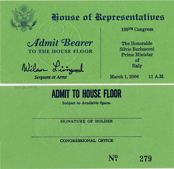 Ticket, Joint Session to Hear the Honorable Silvio Berlusconi, Prime Minister of Italy, 109th Congress (Acc. No. 11.00078.003)