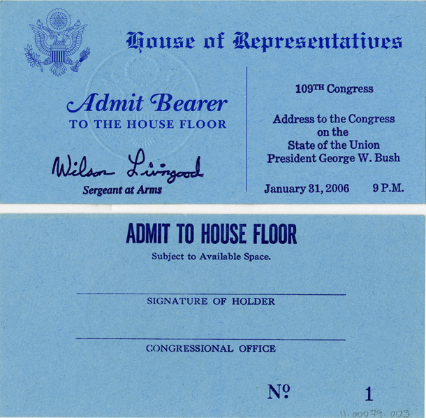 Image: Ticket, Joint Session to Hear the State of the Union Address by the President of the United States, 109th Congress(Cat. no. 11.00079.003)